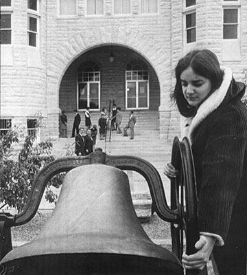 Jan Dick rings tolls the bell for the American dead during the Moratorium to End the War in Vietnam in October 1969