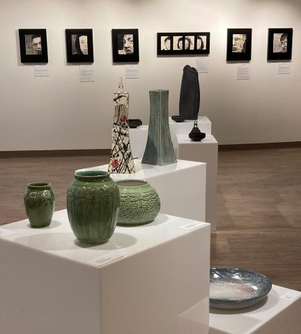 Examples of work by Tom and Pam Voth in the Regier Art Gallery at Bethel College