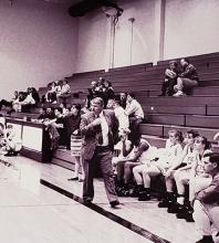 Floyd Sowers on the sidelines in Thresher Gym with one of his Bethel women's teams