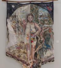 Tapestry created from fabric pieces, showing a female figure interacting with her home setting, which includes a blue ladder-back chair, a curtained window, a hardwood floor, a carpeted floor and a wall with floral wallpaper.